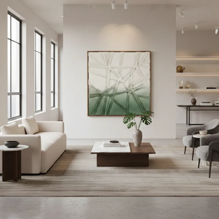 Sage Ombre Wrap Graduated thread wall decor Fabric wall art (1.5) Minimalist hand-painted canvas depicting delicate dandelion seedheads in soft greens and creams, contemporary living space