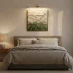 Contemporary abstract hand-painted canvas depicting layered dandelion seed heads in cream and sage green tones, modern bedroom