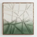 Abstract hand-painted canvas with woven natural fiber strands in cream and sage green gradients
