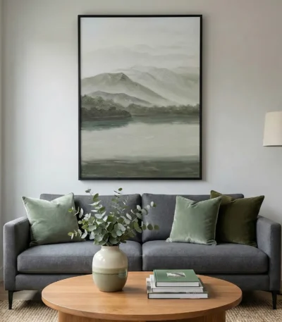 Minimalist landscape hand-painted canvas depicting misty mountains and still water in soft greens and grays, contemporary living space