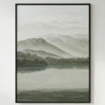 Minimalist landscape hand-painted canvas depicting misty mountains, forested shoreline, and calm water in soft greens and creams