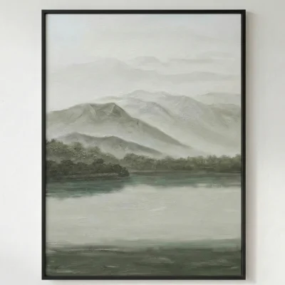 Minimalist landscape hand-painted canvas depicting misty mountains, forested shoreline, and calm water in soft greens and creams