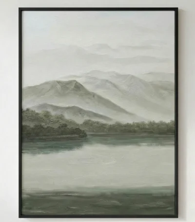 Minimalist landscape hand-painted canvas depicting misty mountains, forested shoreline, and calm water in soft greens and creams