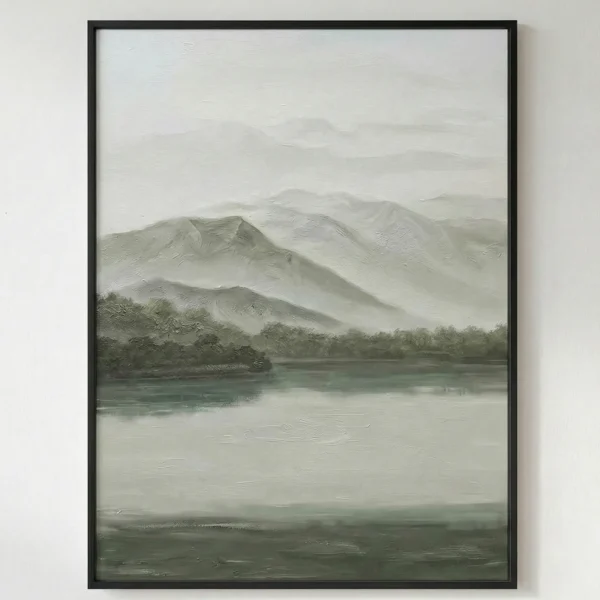Minimalist landscape hand-painted canvas depicting misty mountains, forested shoreline, and calm water in soft greens and creams