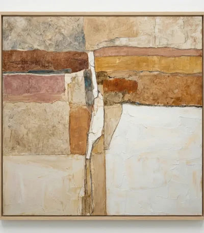 Textured abstract hand-painted canvas with horizontal color blocks in warm earth tones, cream, and soft terracotta, featuring gestural brushwork and layered paint