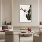Gestural figurative hand-painted canvas depicting a woman in flowing black fabric with burgundy floral accents, contemporary living space
