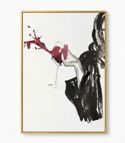 Contemporary gestural hand-painted canvas depicting figure with splashing wine in burgundy and monochrome tones