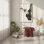 Contemporary figurative hand-painted canvas with expressive brushstrokes in burgundy and charcoal tones, modern interior