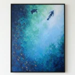 Contemporary hand-painted canvas depicting underwater diver and sea turtle among school of golden fish in layered blue-green ocean tones