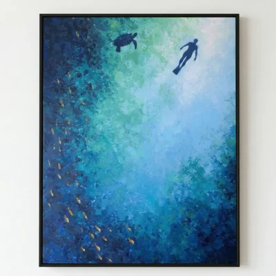 Contemporary hand-painted canvas depicting underwater diver and sea turtle among school of golden fish in layered blue-green ocean tones