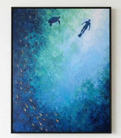 Contemporary hand-painted canvas depicting underwater diver and sea turtle among school of golden fish in layered blue-green ocean tones
