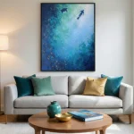 Contemporary layered hand-painted canvas depicting divers and sea turtle in deep ocean blues and teals, modern living space