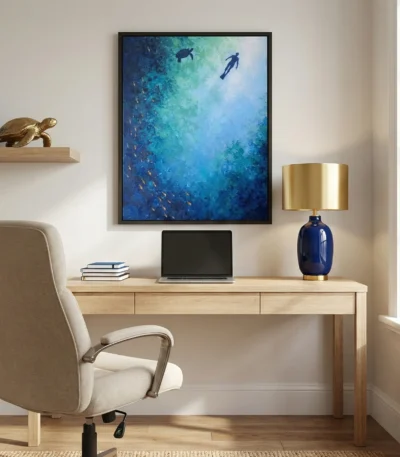 Contemporary figurative hand-painted canvas depicting a solitary diver and sea turtle in layered ocean blues and turquoise, modern office setting