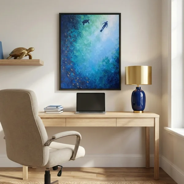 Contemporary figurative hand-painted canvas depicting a solitary diver and sea turtle in layered ocean blues and turquoise, modern office setting