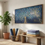 Textured hand-painted canvas depicting golden tree with cascading branches on deep blue background with scattered embellishments, contemporary entryway