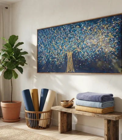 Textured hand-painted canvas depicting golden tree with cascading branches on deep blue background with scattered embellishments, contemporary entryway