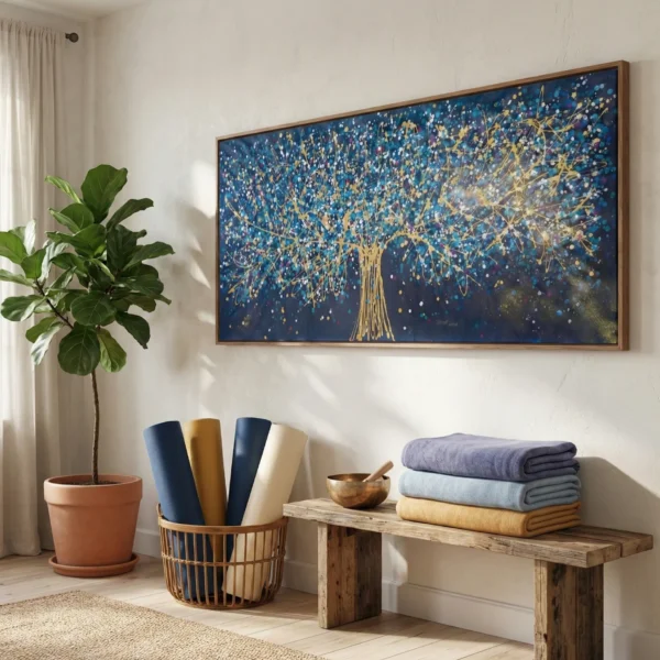 Textured hand-painted canvas depicting golden tree with cascading branches on deep blue background with scattered embellishments, contemporary entryway