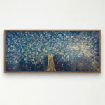 Contemporary hand-painted canvas of golden tree with cascading branches and luminous accents against deep blue background, modern living space