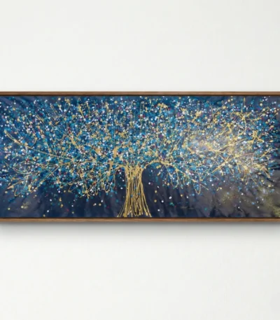 Contemporary hand-painted canvas of golden tree with cascading branches and luminous accents against deep blue background, modern living space