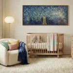 Textured contemporary hand-painted canvas featuring a luminous golden tree with cascading foliage in deep blues and cream tones, nursery setting