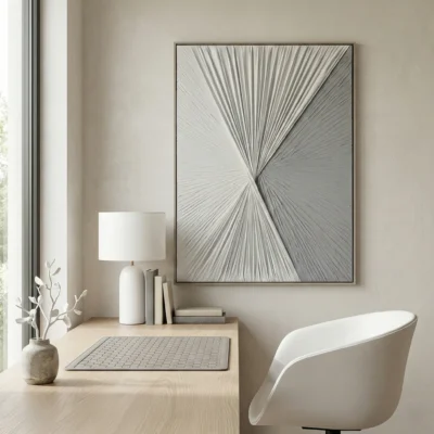 Monochromatic abstract hand-painted canvas with radiating linear striations converging at center in graphite and white, modern office space
