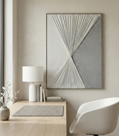 Monochromatic abstract hand-painted canvas with radiating linear striations converging at center in graphite and white, modern office space