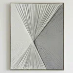 Textured abstract hand-painted canvas with radiating linear patterns converging at center in monochromatic gray and white tones
