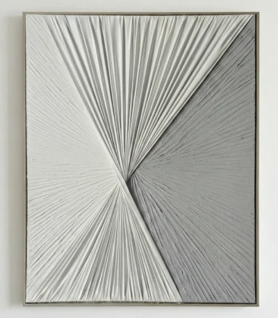 Textured abstract hand-painted canvas with radiating linear patterns converging at center in monochromatic gray and white tones