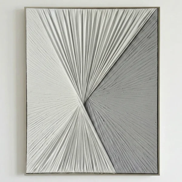 Textured abstract hand-painted canvas with radiating linear patterns converging at center in monochromatic gray and white tones
