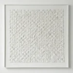 Textured minimalist hand-painted canvas in cream and ivory with dimensional raised square tiles, contemporary living space