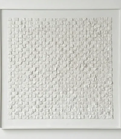Textured minimalist hand-painted canvas in cream and ivory with dimensional raised square tiles, contemporary living space