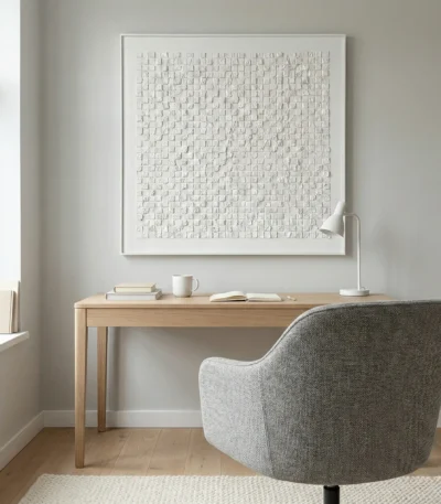 Textured minimalist hand-painted canvas in layered white and cream relief, contemporary workspace