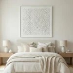 Textured minimalist hand-painted canvas with layered white and cream brushstrokes in grid composition, contemporary bedroom