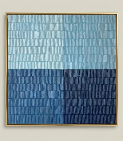Minimalist hand-painted canvas with horizontal color blocks transitioning from pale blue to deep navy, contemporary living space