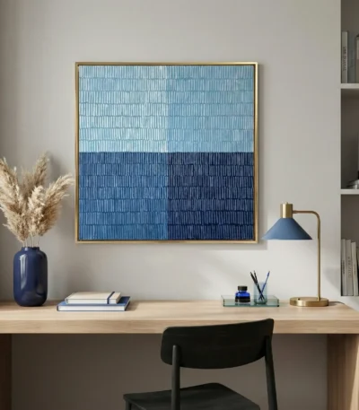 Minimalist abstract hand-painted canvas with horizontal striped texture in layered light and deep blues, contemporary workspace