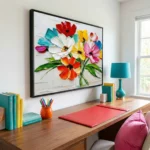 Textured contemporary hand-painted canvas depicting vibrant multicolored cosmos flowers with green stems, layered brushwork in red, yellow, pink, turquoise and white, modern home office