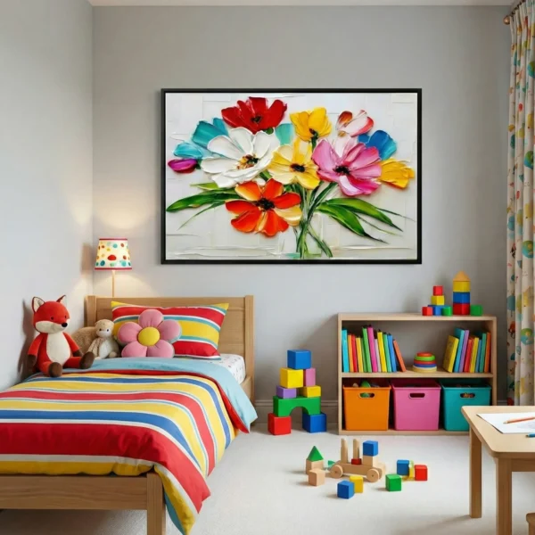 Vibrant contemporary hand-painted canvas of colorful cosmos flowers in red, pink, yellow and blue tones, children's bedroom