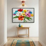 Contemporary hand-painted canvas depicting vibrant wildflowers in multicolored blooms with gestural green stems, modern entryway