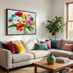 Contemporary hand-painted canvas of vibrant wildflowers in red, yellow, pink, and teal tones, modern living space