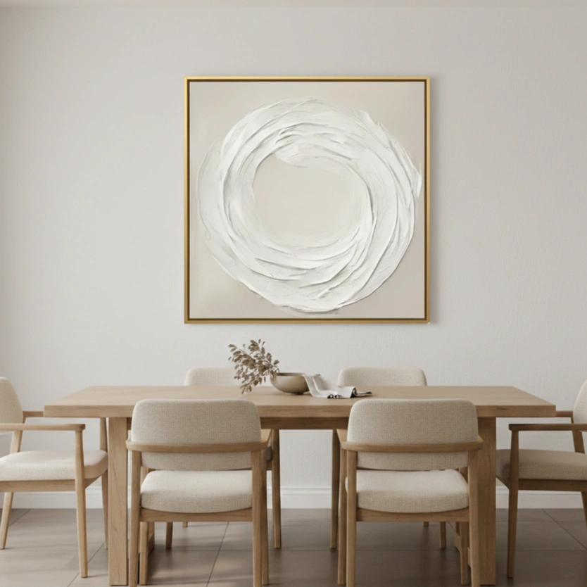 Sculpted Serenity Textured Wall Decor Wabi Sabi art (1.5) Minimalist abstract hand-painted canvas with gestural white circular brushstrokes on cream ground, contemporary dining space