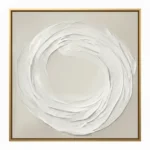 Minimalist hand-painted canvas with gestural white spiral brushstrokes in layered textures, monochromatic palette