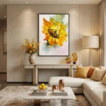 Sunflower Sculpt textured wall art shown framed on the wall in a styled interior