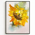 Impressionist hand-painted canvas of a sunflower with yellow and orange petals, brown center, soft watercolor background