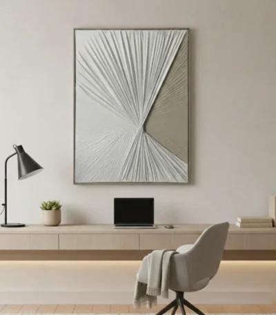 Minimalist abstract hand-painted canvas with radiating linear patterns in monochrome greys and whites, contemporary workspace