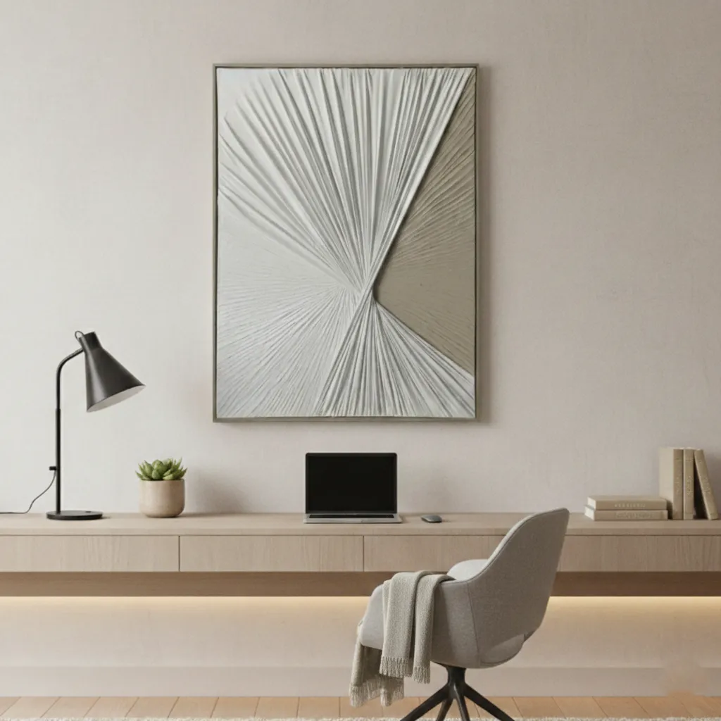 Sculptural white draped folds fabric wall art (1.5) Minimalist abstract hand-painted canvas with radiating linear patterns in monochrome greys and whites, contemporary workspace