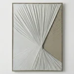 Textured abstract hand-painted canvas with radiating linear patterns in cream and taupe tones, contemporary living space