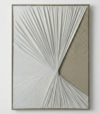 Textured abstract hand-painted canvas with radiating linear patterns in cream and taupe tones, contemporary living space