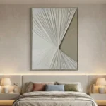 Textured abstract hand-painted canvas with radiating linear patterns in cream and soft gray tones, modern bedroom
