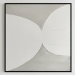 Minimalist hand-painted canvas with flowing curved forms in soft grays and cream tones, contemporary living space