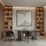 Minimalist hand-painted canvas with flowing organic curves in soft grays and whites, contemporary study